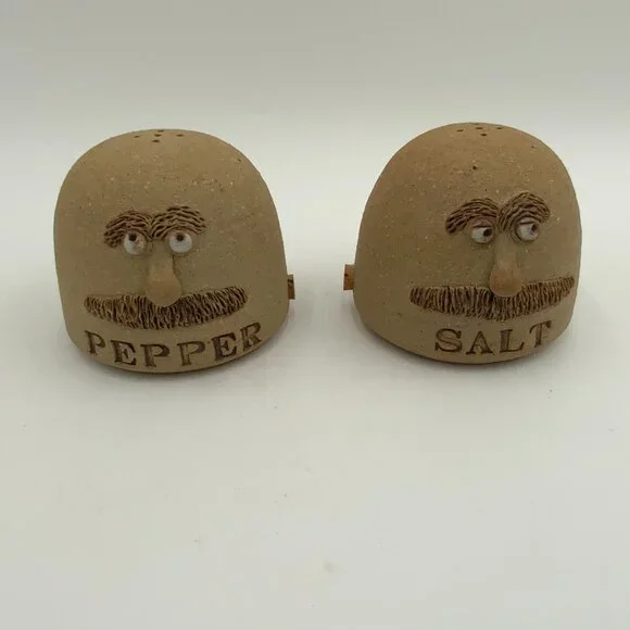 1981 Signed Marion Schlauch Salt & Pepper Shakers Stoneware Men with Mustaches - Picture 1 of 9